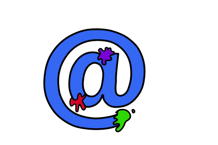 Blue graphic of the web symbol for at with small mutli-colored paint splotches along the lines.