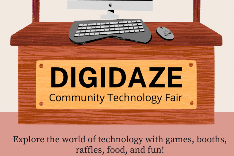 desktop computer at a booth with the words DigiDaze community technology fair written on it, as well as text below describing the event and the date and time: Friday July 15, 2022, from 10 to 3 pm