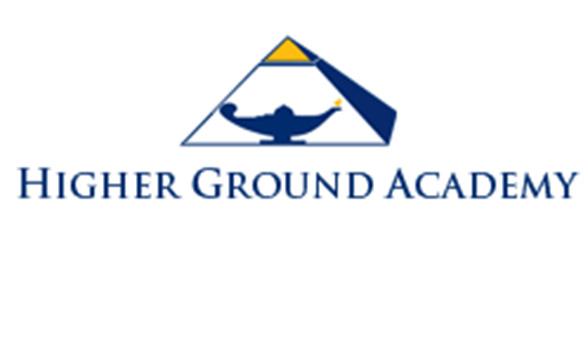 the Higher Ground Academy logo which is a pyramid with a yellow top and blue side with Higher Ground Academy written in blue letters underneath it. 