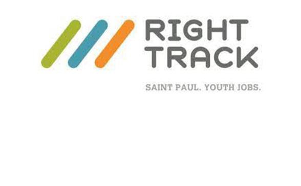 The Right Track logo which is three hashes one in green, one in blue and one in orange. Right Track in gray letters stacked next to them. 