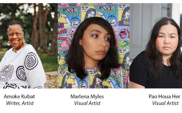 Headshots of the artists- left to right Amoke Kubat, Marlena Myles, Pao Houa Her
