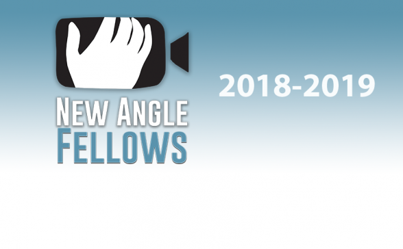 Background is blue that moves to white. The New Angle Logo which is a black blocky image of a camera with a white hand on it underneath is New Angle in white letters and then Fellows in blue letters. In white type is 2018-2019