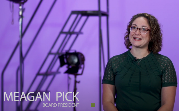 A still from the video. Meagan with a purple background. lower third says Meagan Pick