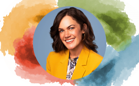 a photo of Rachelle over a background of SPNN colors