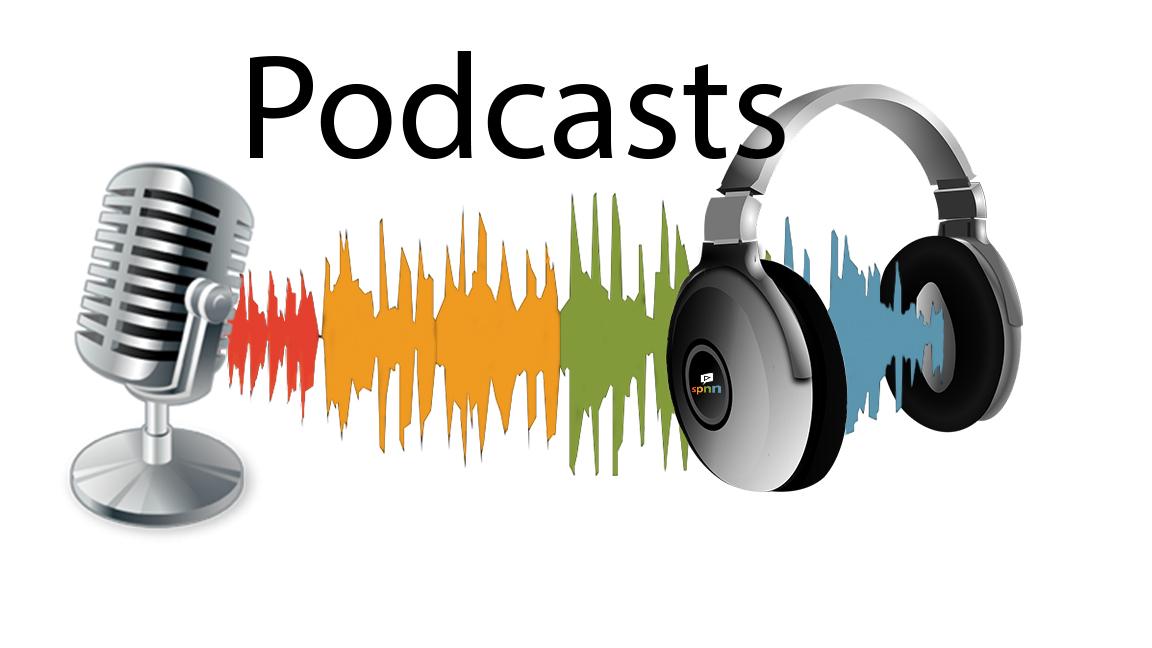 a sliver microphone with a waveform in SPNN colors (red to yellow to green to blue) going into gray and sliver headphones. Black lettering above the waveform that says Podcasts.