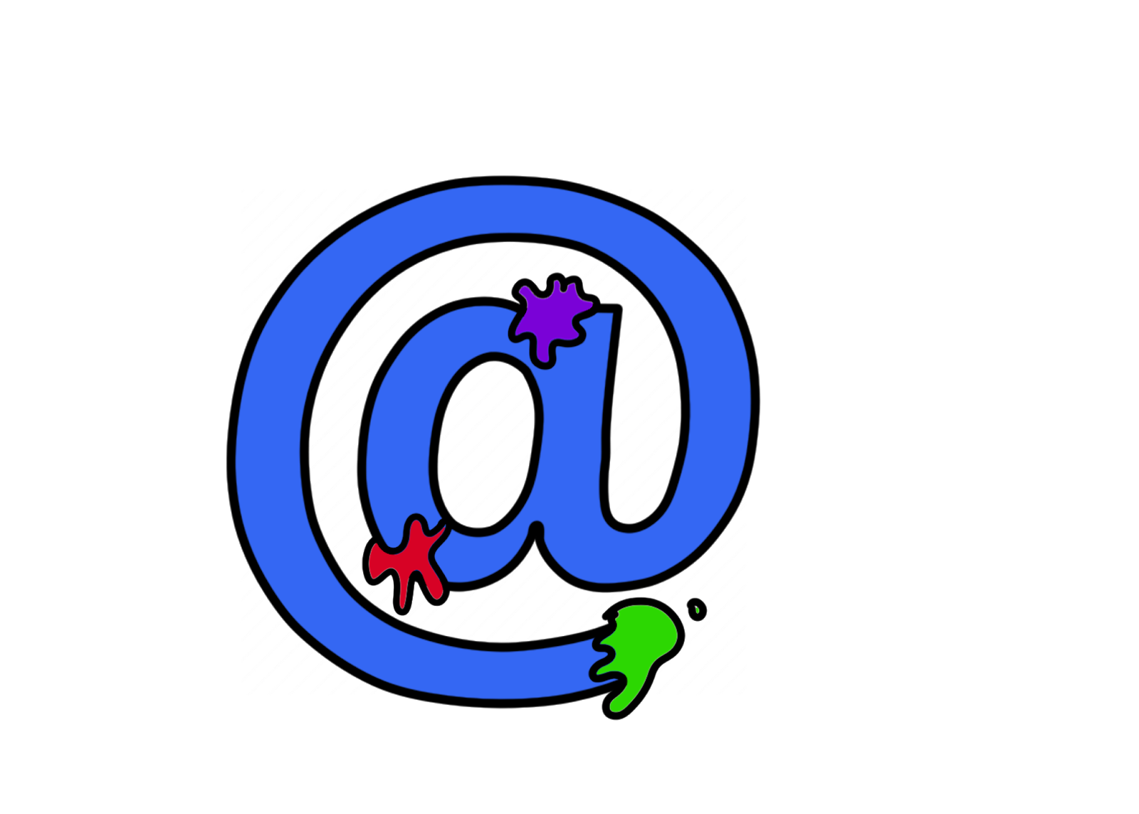 Blue graphic of the web symbol for at with small mutli-colored paint splotches along the lines.