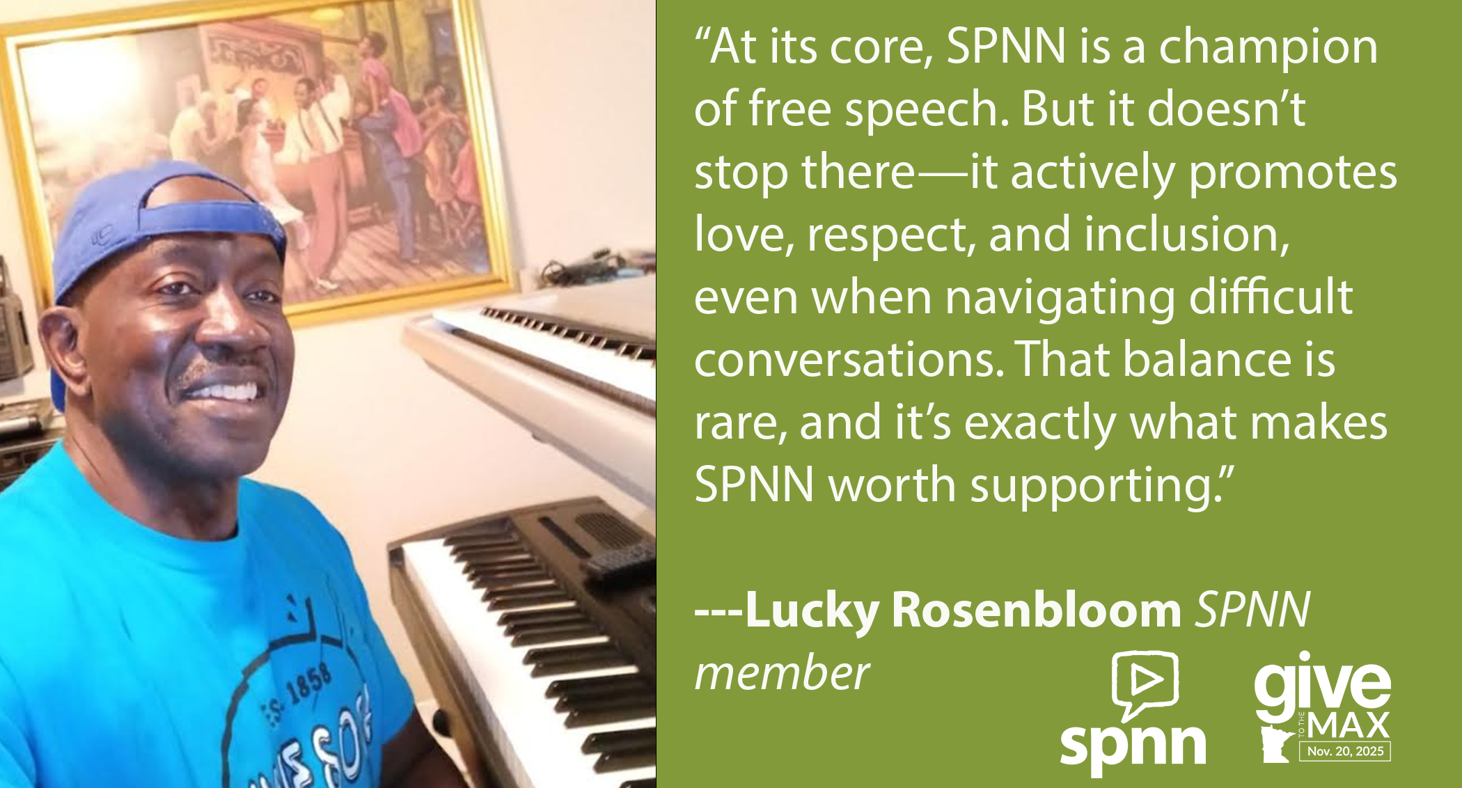 photo of Lucky on the left. over a green background white text has a quote from Lucky with a white SPNN logo and Give to the Max Day graphic