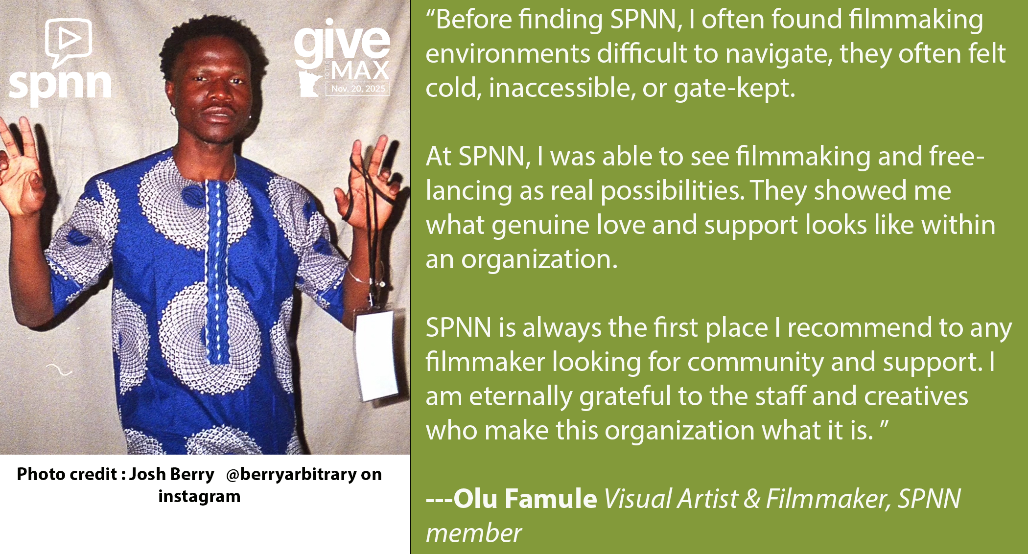 A photo of Olu on the left side. On the right is green background and white letters with a quote from Olu. The same quote that is below.