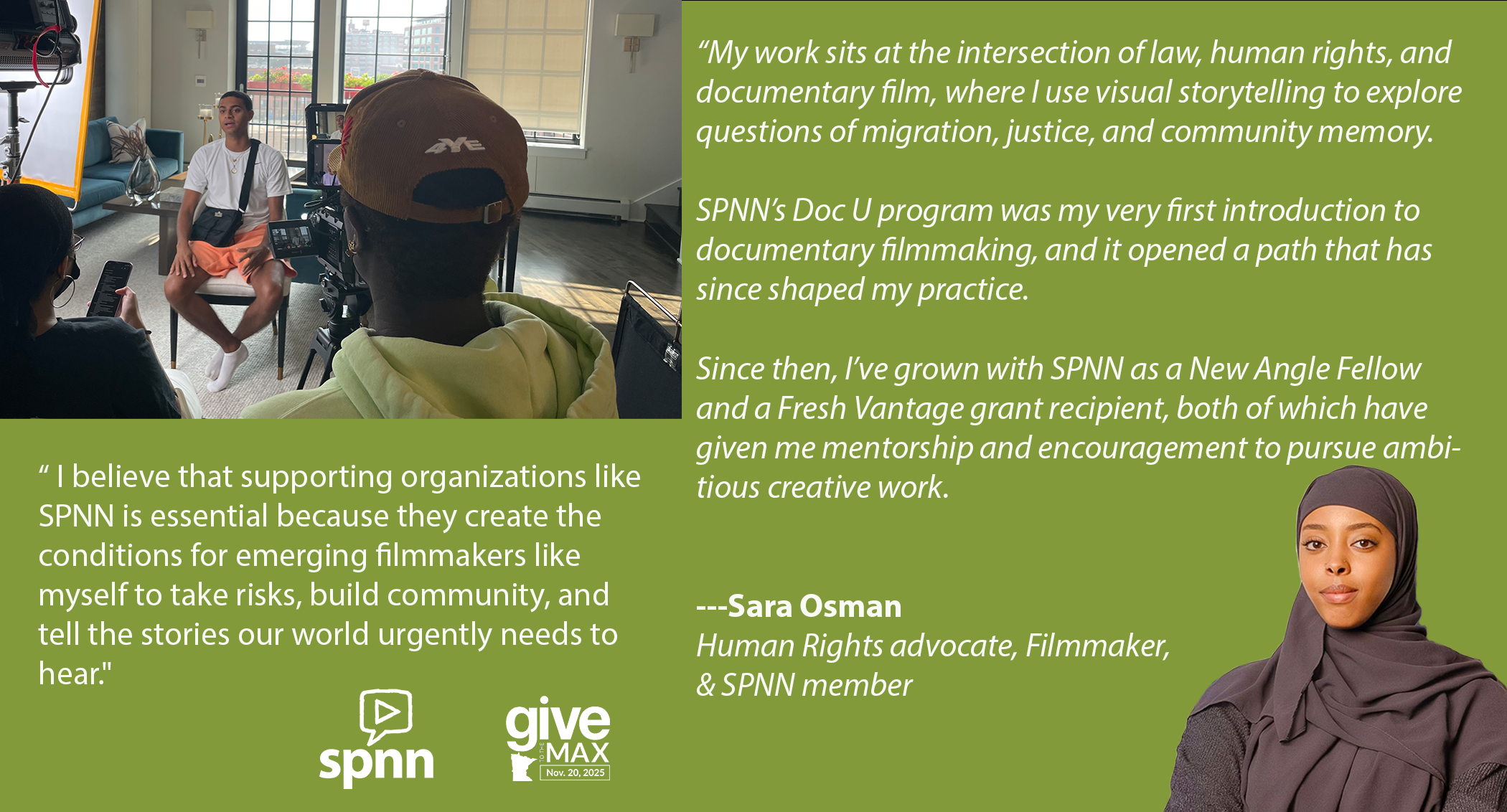 photo of Sara in production on the upper left with Sara's quote and a photo of her in the lowe right